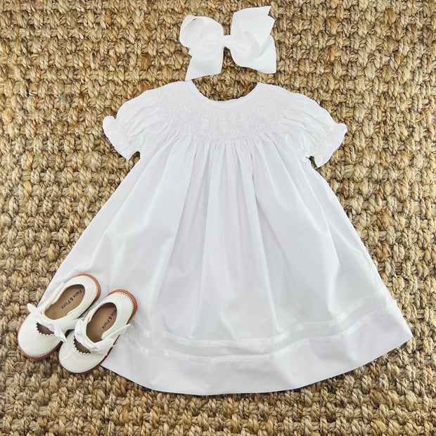Smocked Cross Dress in White with White Crosses Smocked Cross Dress in White with White Crosses