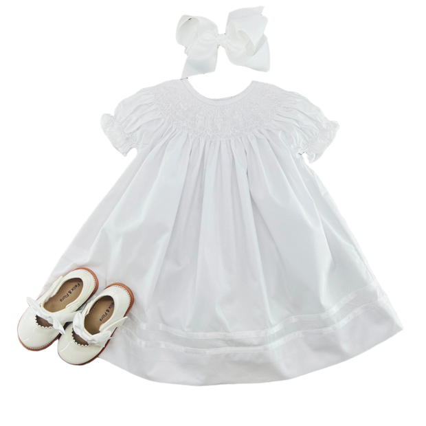 Smocked Cross Dress in White with White Crosses Smocked Cross Dress in White with White Crosses