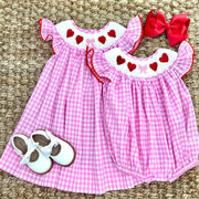 Valentine Smocked Romper - Red Hearts and Bows on Pink Gingham