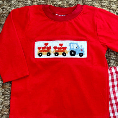 Valentine Smocked Shirt - Tractor and Hearts Red Knit!