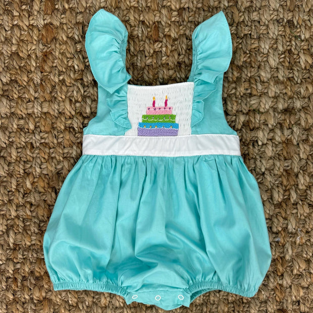 Smocked Birthday Bubble Romper in Mint! 1,2,3,4,5 candles depending on size