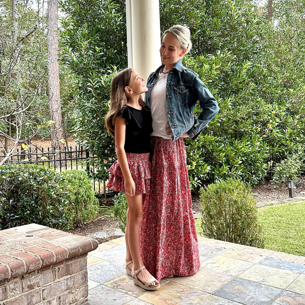 Red Floral Lady's Maxi Skirt
