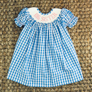 Smocked Big Sister Blue Gingham Dress. Blue Bishop Dress, Baby Girl, Heirloom Dress