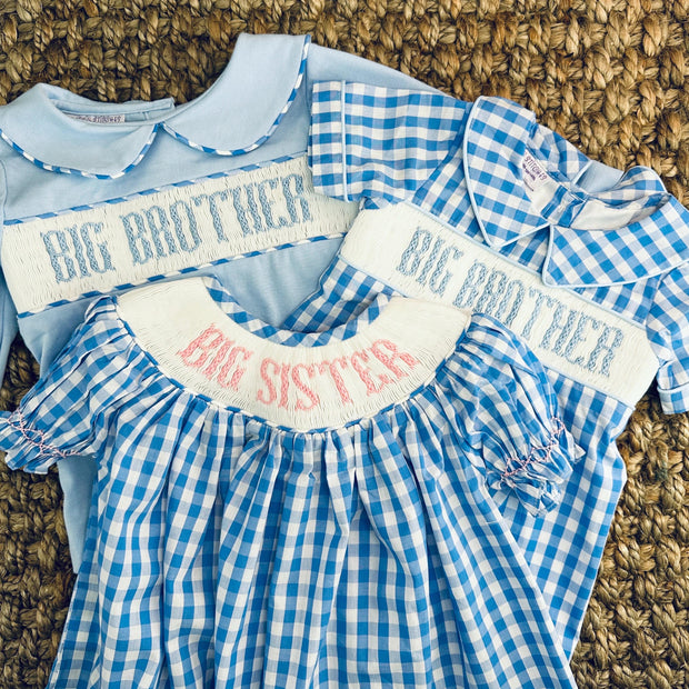 Smocked Big Sister Blue Gingham Dress. Blue Bishop Dress, Baby Girl, Heirloom Dress