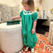 Smocked Shamrock Long Bubble in Emerald Green with White Polka Dots - St. Patrick's Day, Saint Patrick, Clover, Baby Girl, Baby Gift, 693