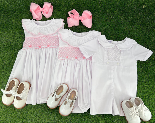 Smocked Toulouse Romper in White with Pink Ruffle Collar