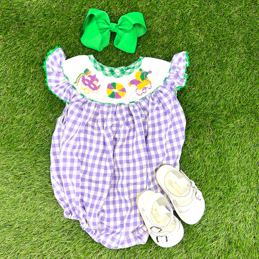 Mardi Gras Smocked Romper in Purple Gingham – Pleats and Stitches