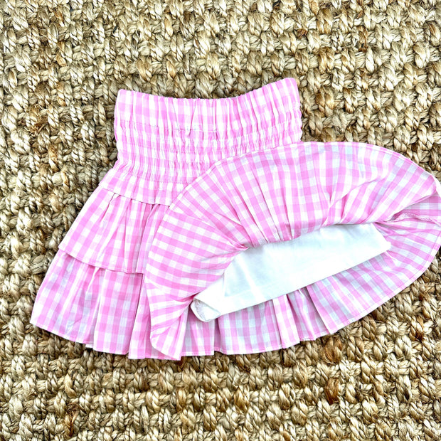 Pink Gingham Ruffle Skirt- Smocked Waist and Built in Shorts- Spring, Fall, Summer, Toddler, Girl, Tween, sibling, Easter, Big Sister 753 *E