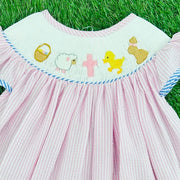 Easter Smocked Dress in Pink Seersucker- Easter Basket, Bunny, Chick, Cross