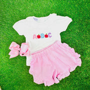 ABC Smocked School Shirt in cotton knit with white collar - (shorts sold separately) Girls, Frist Day of School, Soft cotton 516 *G