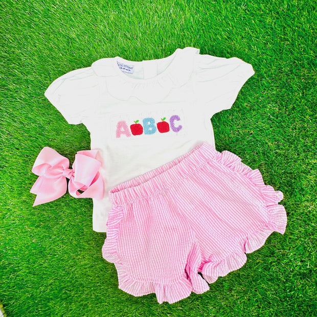 ABC Smocked School Shirt in cotton knit with white collar - (shorts sold separately) Girls, Frist Day of School, Soft cotton 516 *G