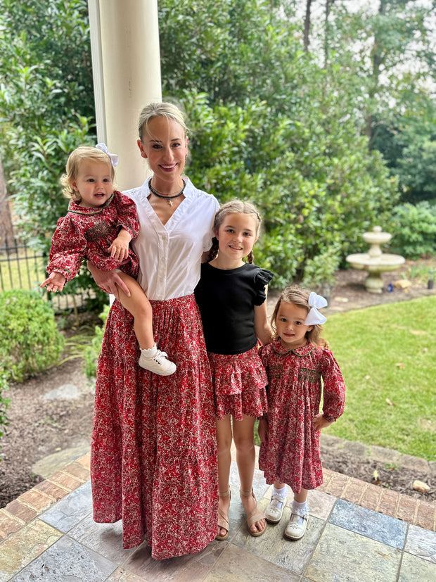 Red Floral Smocked Ruffle Skirt