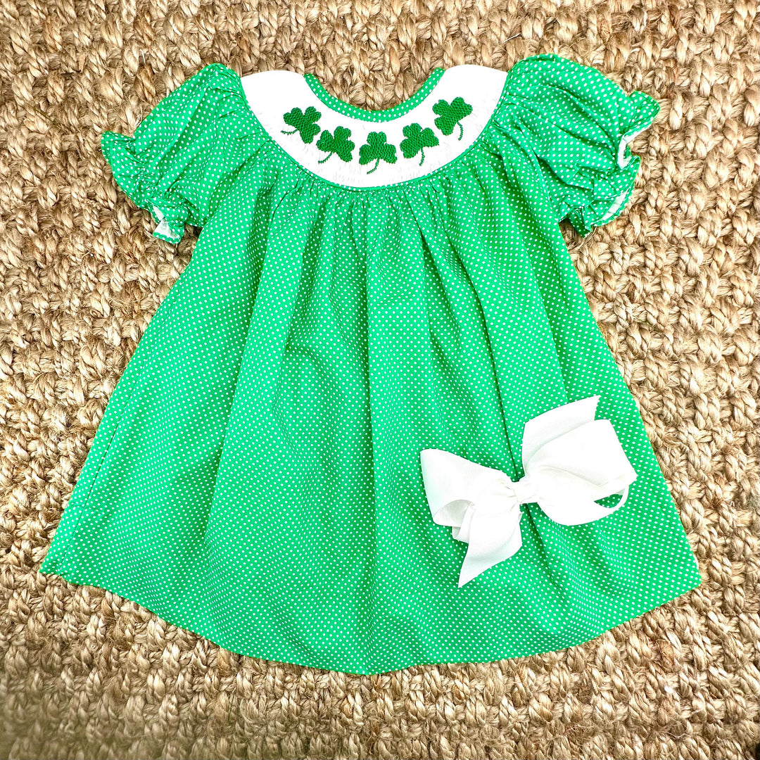 Smocked Shamrock Dress in Emerald Green with White Polka Dots Smocked Shamrock Dress in Emerald Green with White Polka Dots