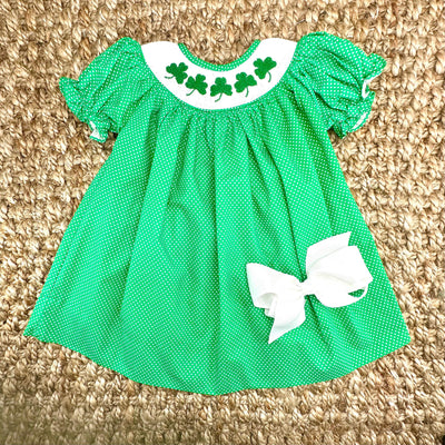 Smocked Shamrock Dress in Emerald Green with White Polka Dots, St. Patrick's Day, Saint Patrick, Clover, Leprechaun, Baby Girl, Heirloom 692