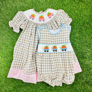 Pumpkin Smocked Boy's Bubble in Tan Gingham