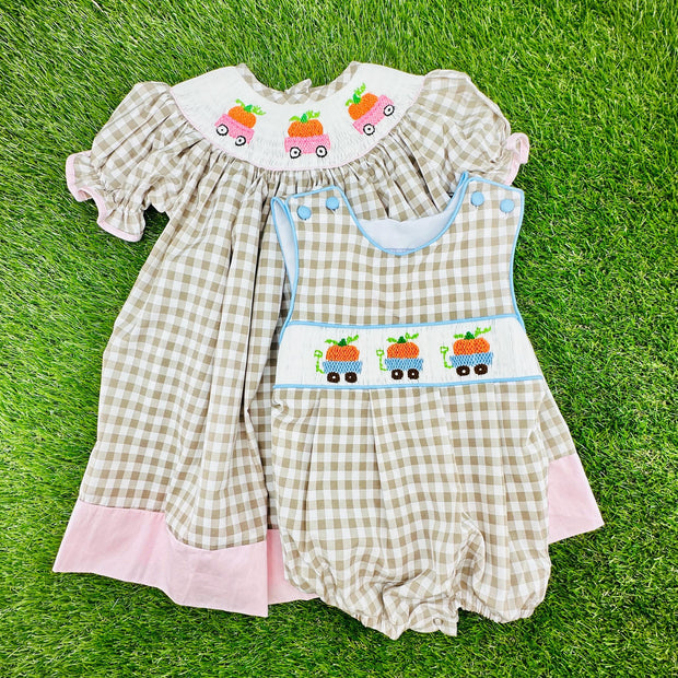 Pumpkin Smocked Boy's Bubble in Tan Gingham