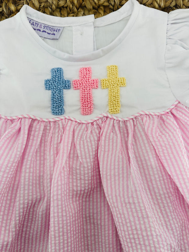 Easter Crosses Smocked Dress- French Knot Crosses in Pink Seersucker!