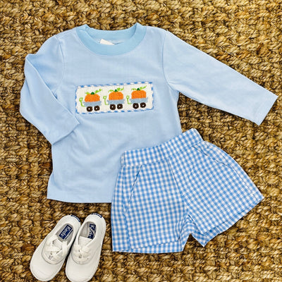 Smocked Pumpkin Shirt in Blue Knit (shorts sold separately)