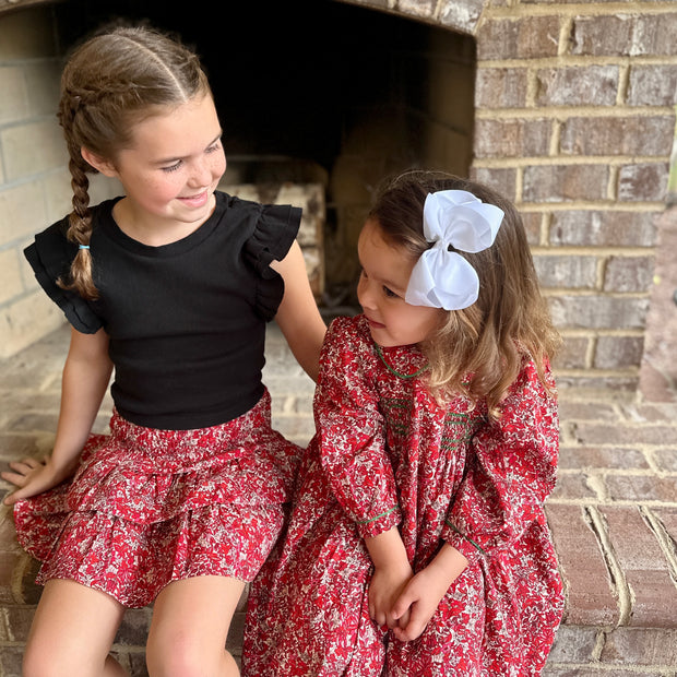 Red Floral Smocked Ruffle Skirt