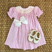 Smocked Big Sister Gingham Dress. Pink Bishop Dress, Baby Girl, Heirloom Dress 649