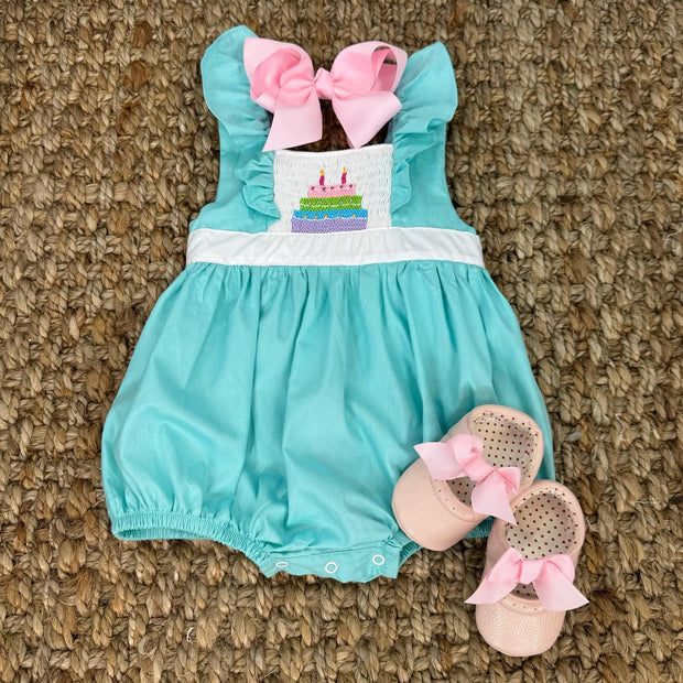 Smocked Birthday Bubble Romper in Mint! 1,2,3,4,5 candles depending on size