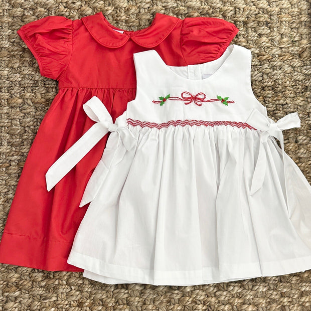 Christmas Apron Bow Dress- Embroidered and Smocked 2 Piece Dress Pleats and Stitches Christmas Apron Bow Dress- Embroidered and Smocked 2 Piece Dress Pleats and Stitches