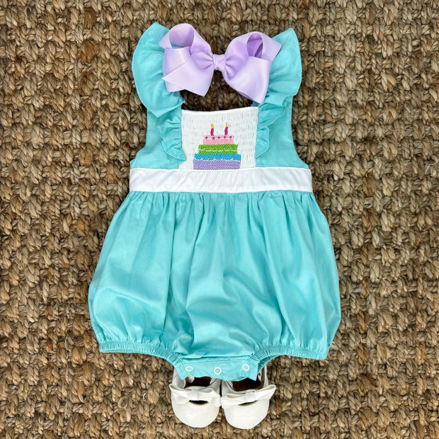 Smocked Birthday Bubble Romper in Mint! 1,2,3,4,5 candles depending on size