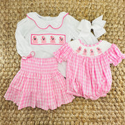 Pink Gingham Ruffle Skirt- Smocked Waist and Built in Shorts- Spring, Fall, Summer, Toddler, Girl, Tween, sibling, Easter, Big Sister 753 *E