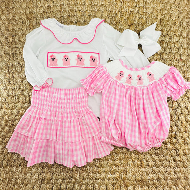 Pink Gingham Ruffle Skirt- Smocked Waist and Built in Shorts- Spring, Fall, Summer, Toddler, Girl, Tween, sibling, Easter, Big Sister 753 *E