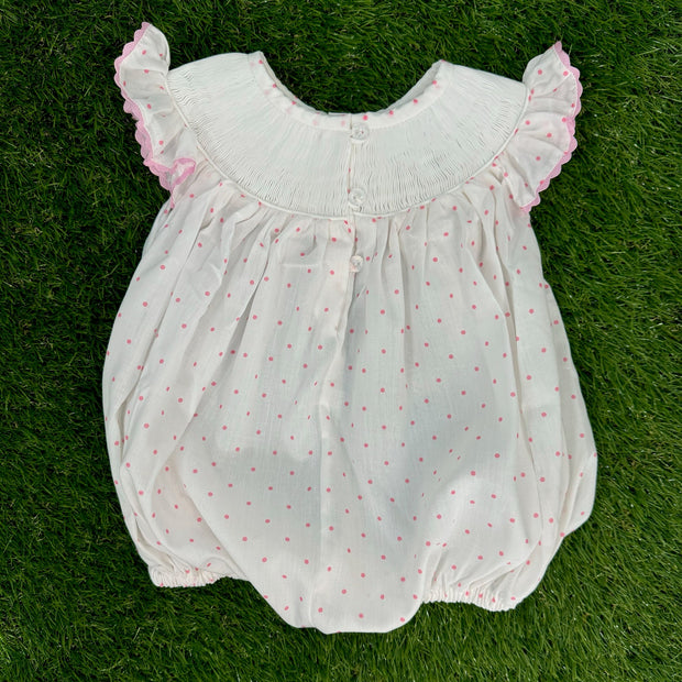 Smocked Birthday Bubble Romper in Polka Dots & Flutter Sleeves