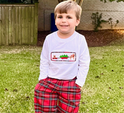 Smocked Christmas Puppy Shirt in White Knit (Pants Sold Separately)