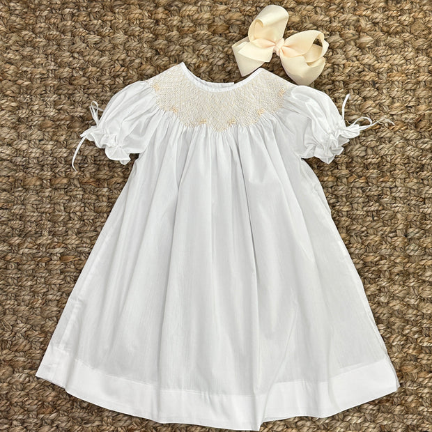 White Smocked Heirloom Bishop Dress with Cream Smocking