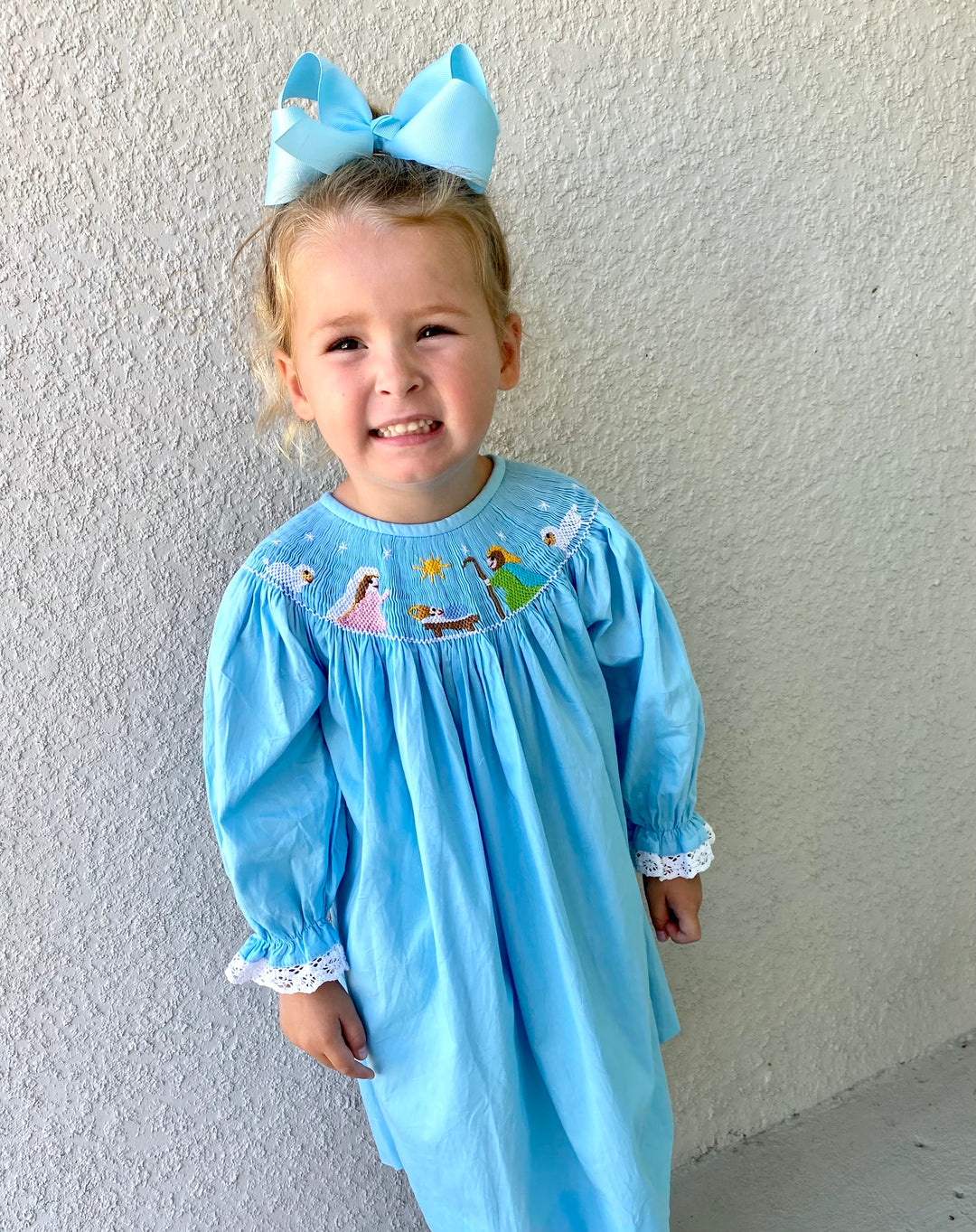 Nativity Christmas Smocked Bishop Dress in Light Blue Pleats and Stitches Nativity Christmas Smocked Bishop Dress in Light Blue Pleats and Stitches