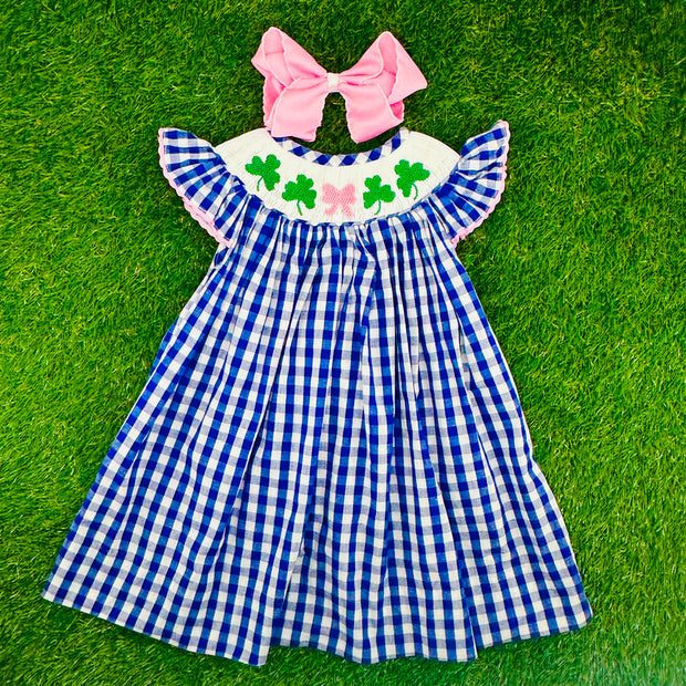 Shamrock & Bow Smocked Dress in Royal Blue Buffalo Check