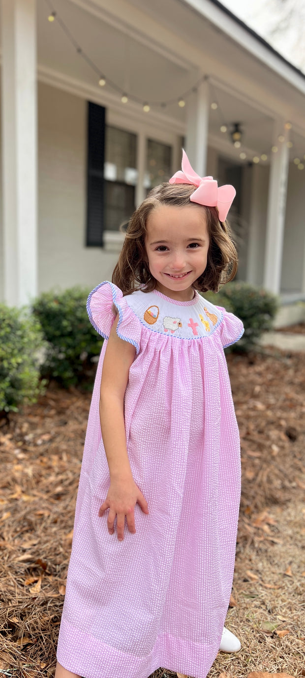 Easter Smocked Dress in Pink Seersucker Easter Smocked Dress in Pink Seersucker