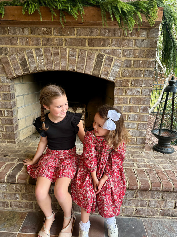 Red Floral Smocked Ruffle Skirt