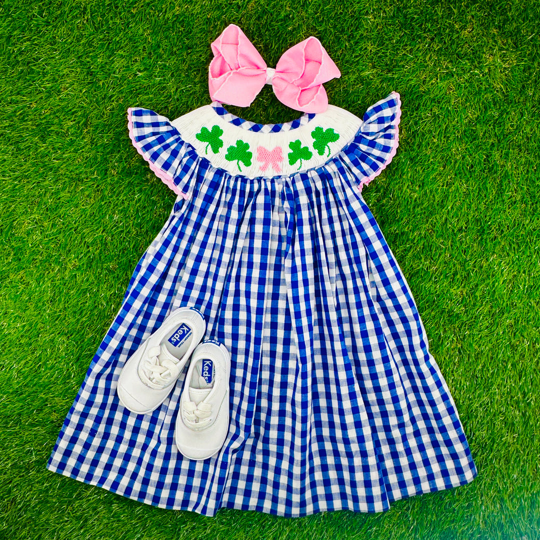Shamrock & Bow Smocked Dress in Royal Blue Buffalo Check