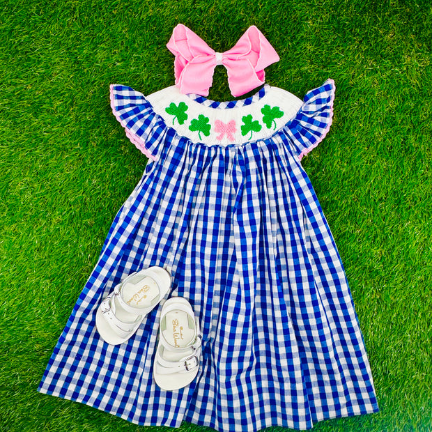 Shamrock & Bow Smocked Dress in Royal Blue Buffalo Check