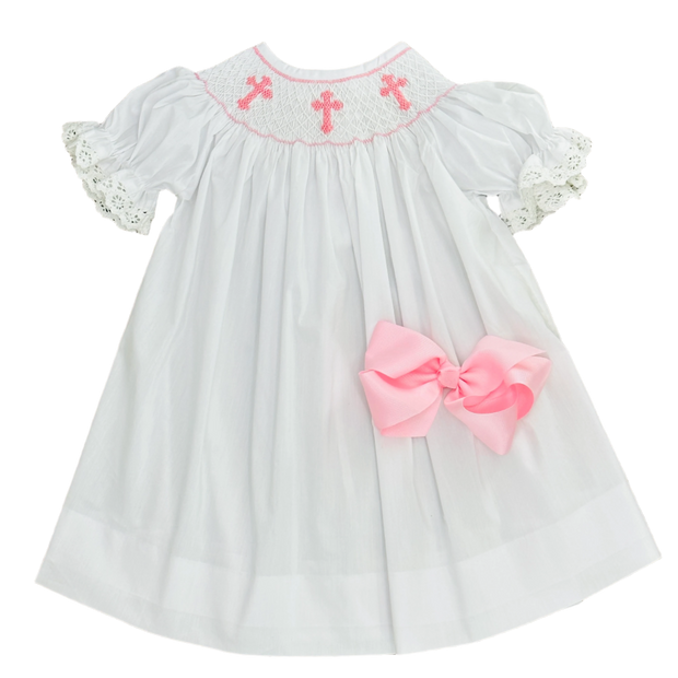 Smocked Cross Bishop Dress - White with Pink Crosses 4T Smocked Cross Bishop Dress - White with Pink Crosses 4T