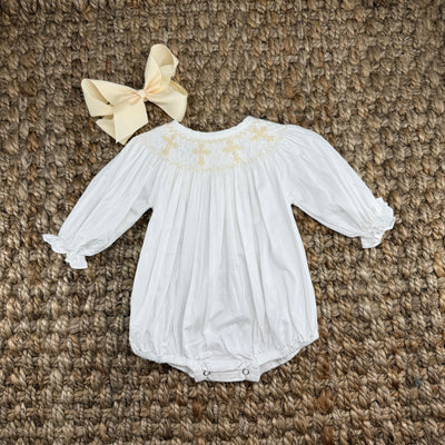 Smocked Cross Long-Sleeve Bubble Romper