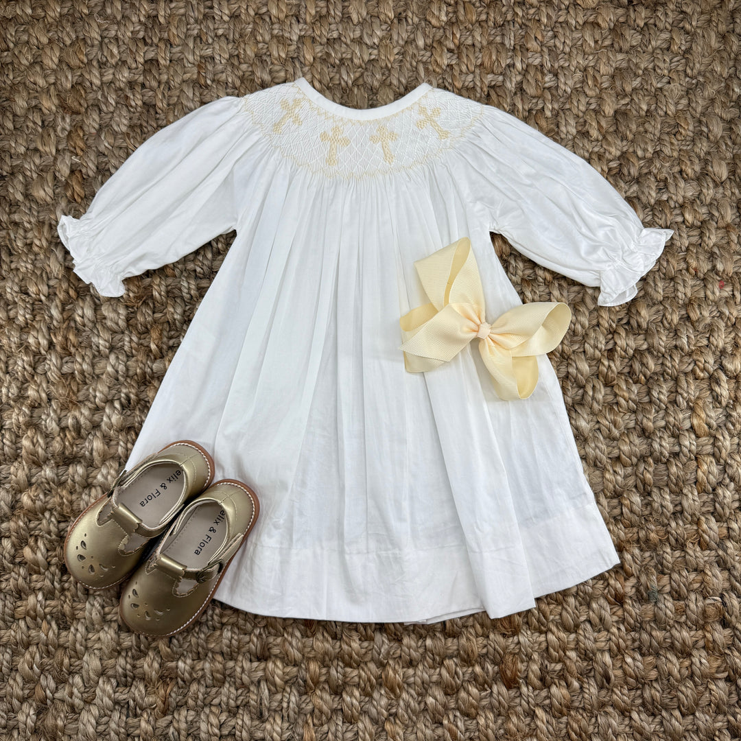 smocked white dress Smocked Cross Dress in White with Cream Crosses and Long Sleeves