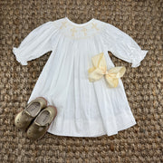 Smocked Cross Dress in White with Cream Crosses and Long Sleeves
