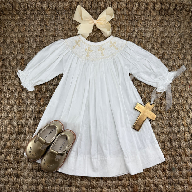 Smocked Cross Dress in White with Cream Crosses and Long Sleeves Smocked Cross Dress in White with Cream Crosses and Long Sleeves