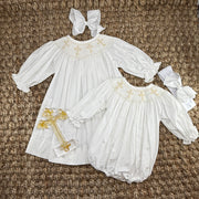 Smocked Cross Dress in White with Cream Crosses and Long Sleeves