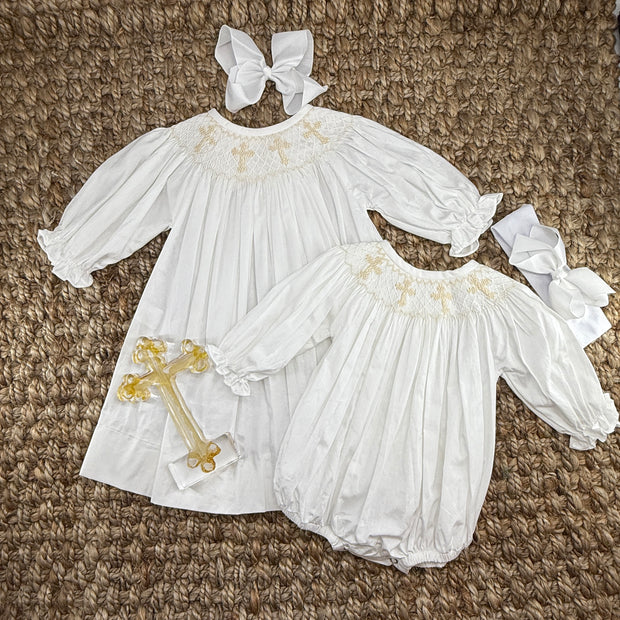 Smocked Cross Dress in White with Cream Crosses and Long Sleeves