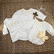 Smocked Long-Sleeve Cross Shortall - White with Cream Crosses