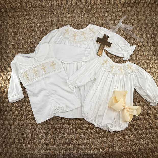 Smocked Cross Dress in White with Cream Crosses and Long Sleeves