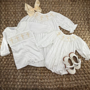 Smocked Cross Long-Sleeve Bubble Romper