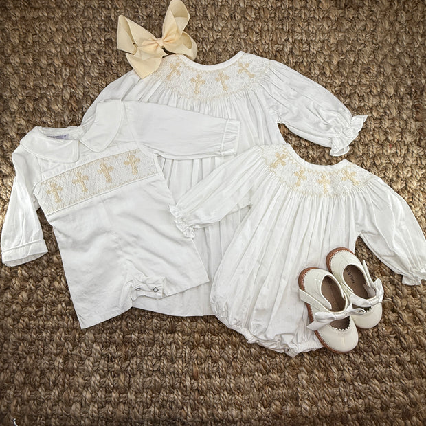 Smocked Cross Long-Sleeve Bubble Romper