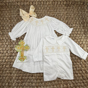 Smocked Long-Sleeve Cross Shortall - White with Cream Crosses